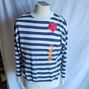 Feeling Festive blue and white striped sweater with heart size M